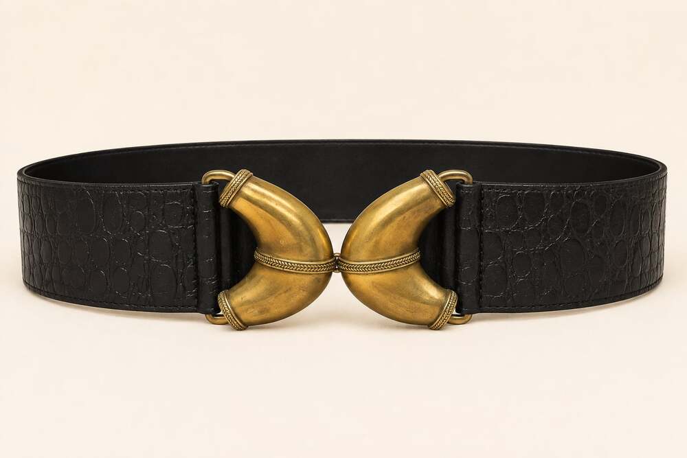Vintage 80s Black Croc Wide Waist Belt Gold Sculptural Buckle Statement